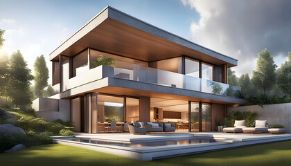 3D rendering of architectural modern concrete forms, modern house design,
