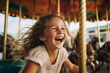 Joyful Young Girl Enjoying Carousel Ride at Amusement Park