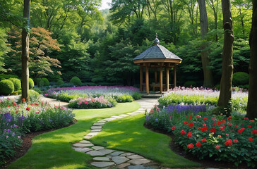 Spring Garden with Roses, Lavender and a Wooden Gazebo