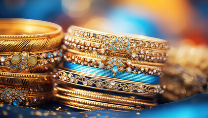 Traditional jewelry made of gold and precious stones , happy holi indian concept - Powered by Adobe