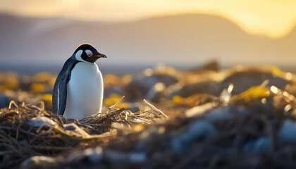 Sad penguin on the beach near garbage and plastic , safe nature earth day concept