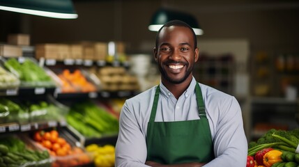 Photo of a happy grocery store worker wearing dark green apron smiling at camera with colorful vegetables on shelves around him
