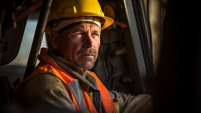 Mid aged male driver worker in his cabin at construction site working and driving wearing yellow hard hat