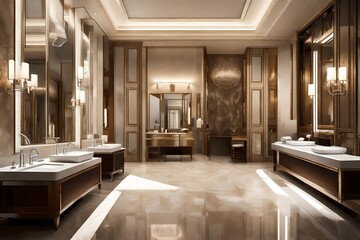 a bathroom , of a luxury hotel, with brown and white  background , light mode