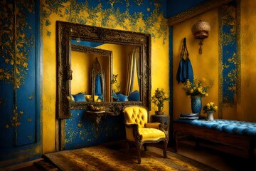 close up view, bridal room ,with decorated, wall colour is yellow and blue,  outstanding view.