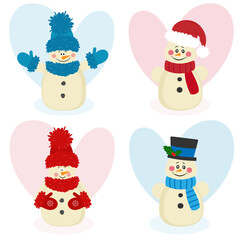 Snowman set with a scarf and hat. Cute snowman characters in flat style design. Stock Vector illustration