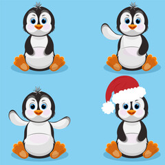 Christmas penguin characters set. Happy new year penguins design. Stock holiday vector animal illustrations on blue background