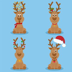 Christmas reindeer cliparts design with santa hat and decorations. Cute Holiday deer characters on blue background. Stock vector illustration