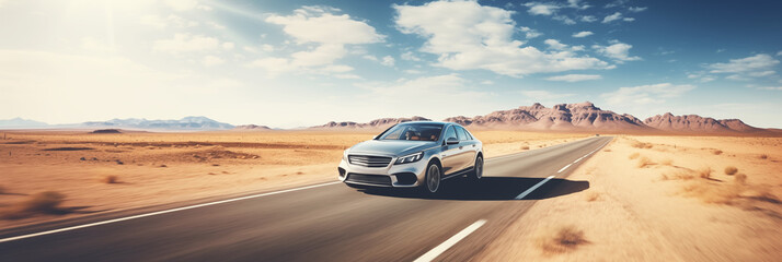 Car on desert highway road banner. Car trip along desert mountain landscape, panoramic web header.
