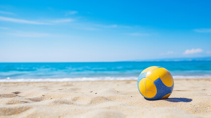Volleyball on a sunny beach with clear blue skies in the background.