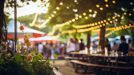 Twilight market scene with people dining under string lights and green foliage. - obrazy, fototapety, plakaty