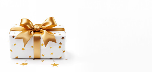 A Christmas gift in white decorative paper with a pattern of gold stars, wrapped in a gold ribbon with a bow.