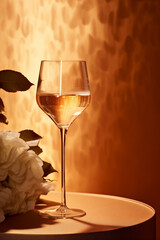 Glass of white wine, white flower, golden background with copy space, Generative AI