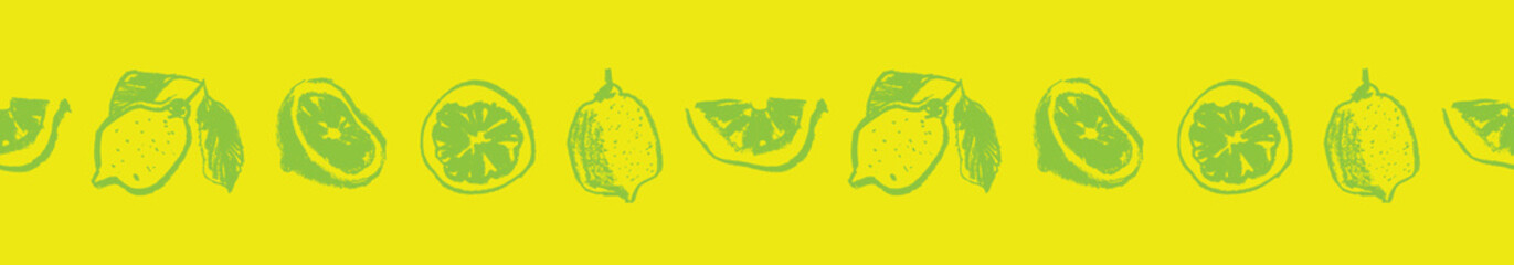 Label template with seamless lemon border. Vector lemons pattern. Crayon citrus drawing in naive hand-drawn style. Yellow fruit frame for cosmetic label, jam badge, vegetarian banner.