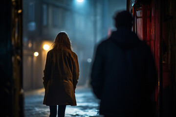 Man following woman in dark street at night. Concept for crime, stalking and sexual assault
