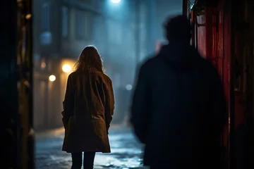 Fotobehang Man following woman in dark street at night. Concept for crime, stalking and sexual assault © Firn