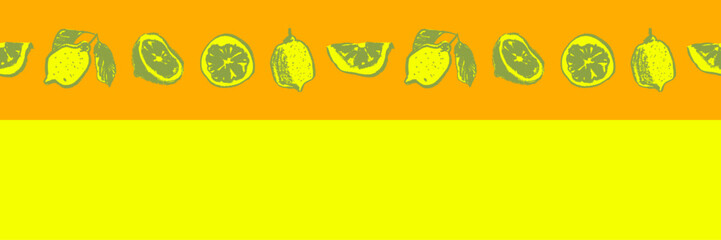 Label template with seamless lemon border. Vector lemons pattern. Crayon citrus drawing in naive hand-drawn style. Yellow fruit frame for cosmetic label, jam badge, vegetarian banner.
