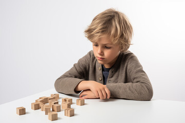 Young Caucasian blond boy with wooden puzzle, autism spectrum disorder concept