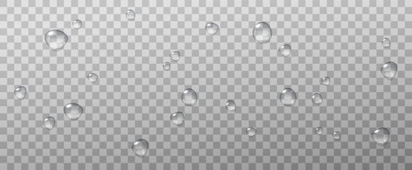 Realistic vector water drops png on a transparent light background. Water condensation on the surface with light reflection and realistic shadow. 3d vector illustration