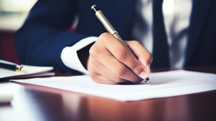 Close-up of a person's hand signing a document, symbolizing business agreements.