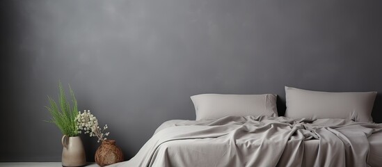 A light colored craft bed linen is seen against a gray wall with a light backdrop An object is nearby