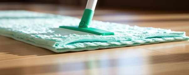 washing wooden laminate floor using microfiber swiffer or wet mop pad, homework cleaning routine concept. housekeeping work detail.