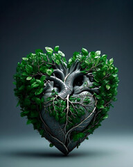 Human heart made of tree branches and green leaves. Fresh and healthy concept.