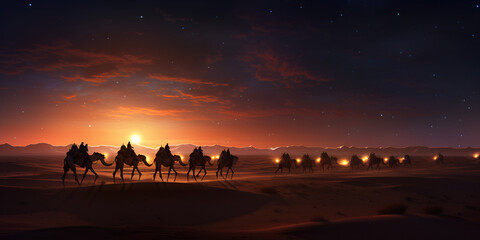 Camel procession in desert wonder image Generative AI - obrazy, fototapety, plakaty