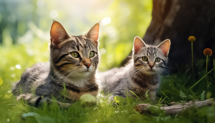 Cute kittens in the grass in summer