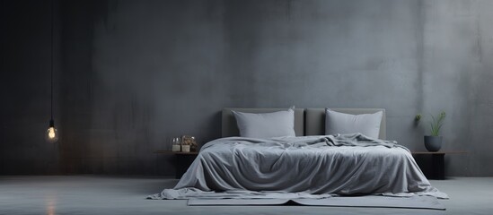 Gray room with bed sheets on bed - obrazy, fototapety, plakaty