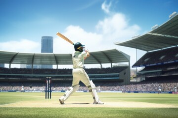 A cricket player hits the ball while the crowd is watching. 
Cricket players playing cricket at a stadium. White jersey cricket player hit ball out of stadium and take century on his name. Cricket bat