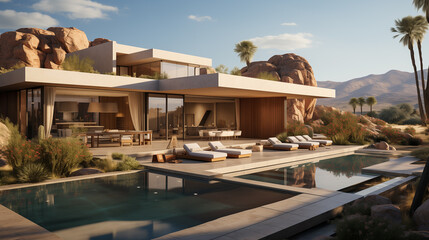 Obraz premium luxury modern backyard with a swimming pool, 3d rendering