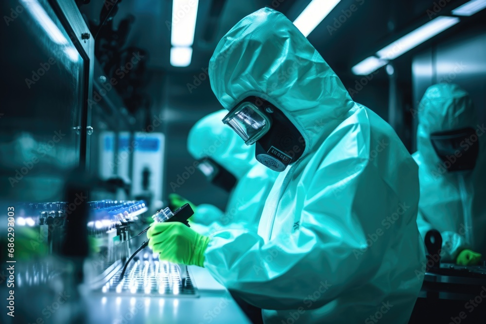Poster a scientist virus researcher in forensic laboratory in a protective suit working on making virus ant