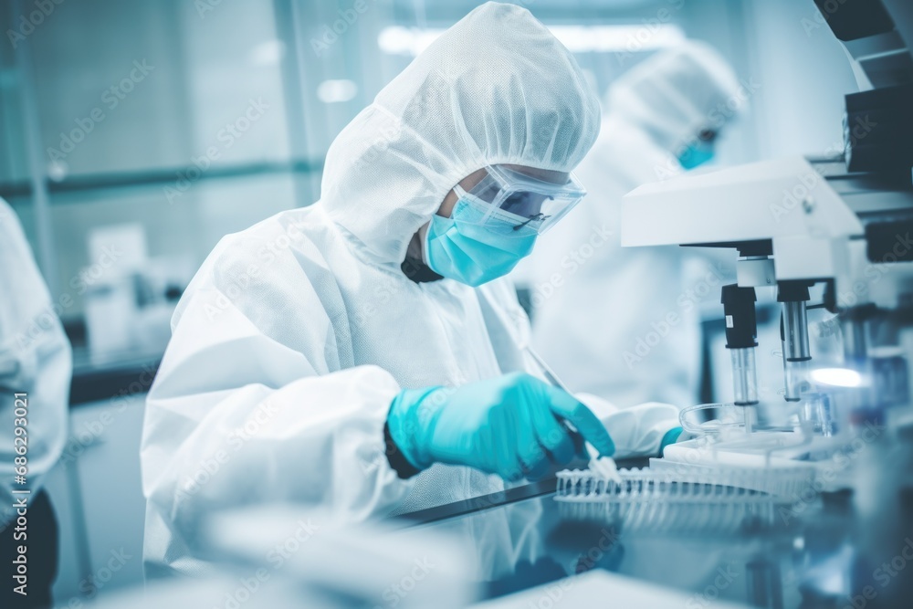 Poster a scientist virus researcher in forensic laboratory in a protective suit working on making virus ant