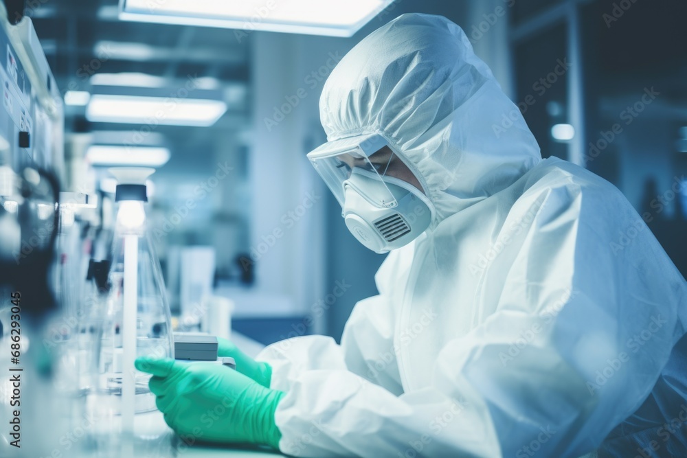 Poster a scientist virus researcher in forensic laboratory in a protective suit working on making virus ant