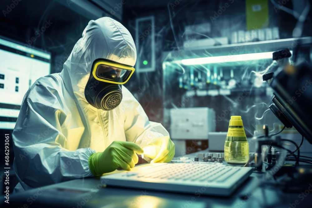 Poster a scientist virus researcher in forensic laboratory in a protective suit working on making virus ant