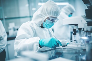 A Scientist virus researcher in Forensic laboratory in a protective suit working on making virus antidote to cure the virus from pandemic and quarantine. Scientist in Forensic Lab. - obrazy, fototapety, plakaty