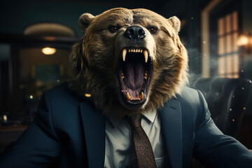 Angry agressive male bear in expensive formal suit, the king of beasts with mane, the big boss is...
