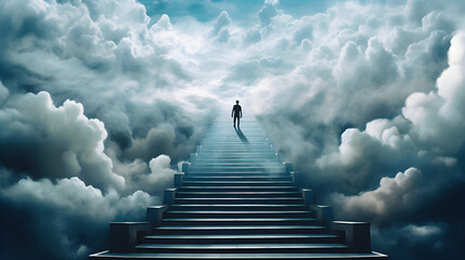 solitary figure ascends a staircase to the heavens, enveloped by majestic clouds, symbolizing a journey towards a higher purpose or achievement - obrazy, fototapety, plakaty