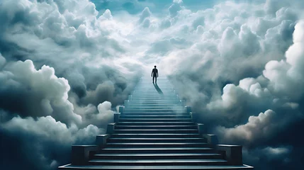 Tuinposter solitary figure ascends a staircase to the heavens, enveloped by majestic clouds, symbolizing a journey towards a higher purpose or achievement © weerasak