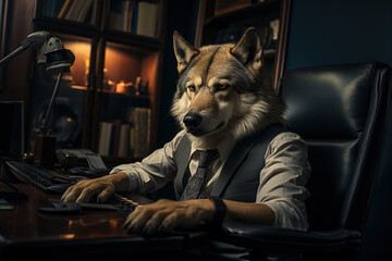 Business management concept. Hairy male wolf serious in an expensive formal suit, the king of...