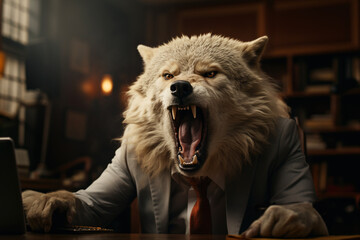 Male wolf serious in an expensive formal suit, the king of beasts with mane, the big boss is sitting in a luxurious chair in the office room. Business management concept. - obrazy, fototapety, plakaty