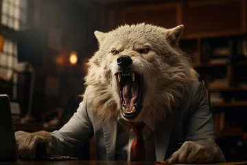 Foto op Plexiglas Male wolf serious in an expensive formal suit, the king of beasts with mane, the big boss is sitting in a luxurious chair in the office room. Business management concept. © Valeriia