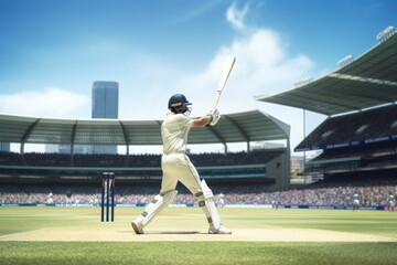 A cricket player hits the ball while the crowd is watching. 
Cricket players playing cricket at a stadium. White jersey cricket player hit ball out of stadium and take century on his name. Cricket bat