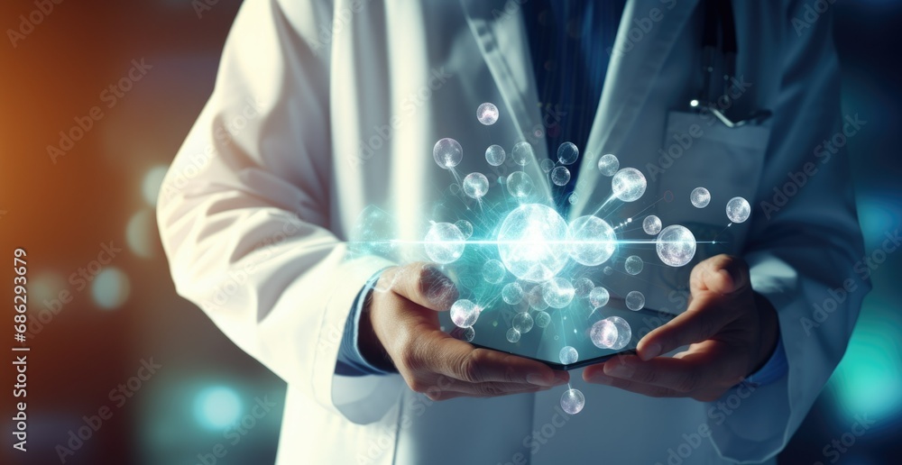 Poster scientist conducting research with floating particles in a laboratory during low light conditions