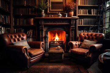 Living room with crackling fireplace, vintage leather armchairs warm dim lighting with bookshelf filled antique books - obrazy, fototapety, plakaty