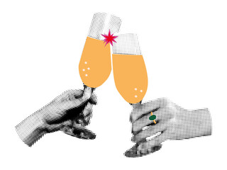 Hands clinking glasses of champagne halftone art collage. Cutout magazine shapes with doodles, modern retro, grunge punk festive design. Vector illustration isolated on transparent background