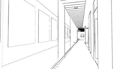 Line drawing of a hallway in an office building,3d rendering