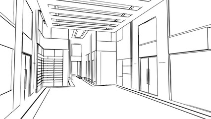 huge office area, the office for line drawings,3d rendering