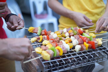 Asian, American and African family parties with grilled seafood and beer drinks, BBQ